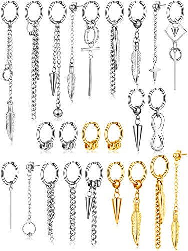 24 Pieces Stainless Steel Huggie Hinged Hoop Earrings Dangle Hoop Earrings Long Chain Pendant Earrings for Women Girls Men Boys Favors