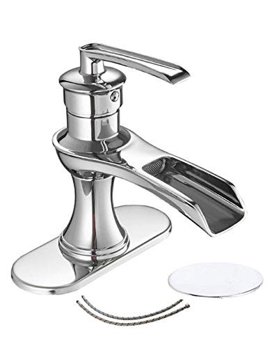 Homevacious Chrome Bathroom Faucet Waterfall with Pop up Drain Stopper Single Hole Sink Vanity Mixer Tap One Handle Modern with Overflow Supply Line LeadFree