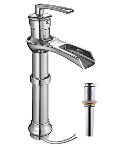 Homevacious Tall Chrome Bathroom Vessel Sink Faucet Waterfall Single Hole with Pop Up Drain Stopper One Handle Modern Mixer Tap Without Overflow Bowl Supply Line LeadFree