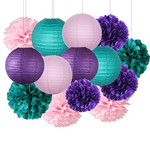 Furuix Under the Sea Party Decor/Purple Teal Pink Party Decorations Purple Teal Paper Pom Pom Paper Lanterns Little Mermaid Party Decorations/Mermaid Bridal Shower Decor