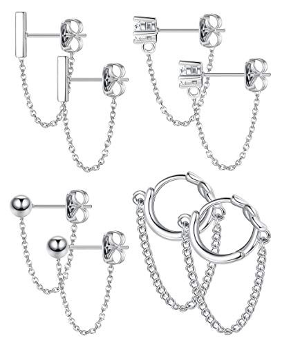 YADOCA 4 pairs Copper Chain Stud Earrings Set for Women CZ Dangle Earrings Ball Stud Earring Bar Stud Earrings Huggie Hoop Piercing Earrings Stainless Steel Ear Pins Sliver