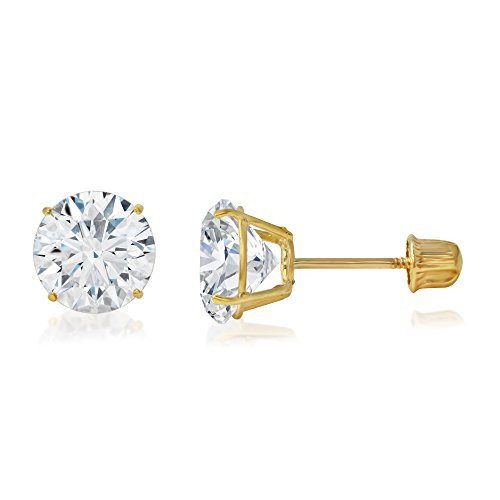14K Yellow Gold Round Solitaire Cubic Zirconia CZ Stud Screw Back Earrings  075ct 6mm