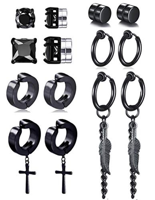 Ofeiyaa 7 Pairs Magnetic Stud Earring Stainless Steel CZ Clip On Earring Non Piercing Huggie Cross Chain Pendant Earring Feather Hinged Hoop Earrings Set For Momen Men Black Tone