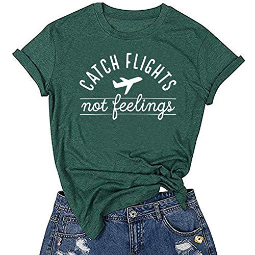 LORSU Women Catch Flights Not Feelings Shirt Funny Plane Vacation Travel Graphic Tees Travel Shirt Green S