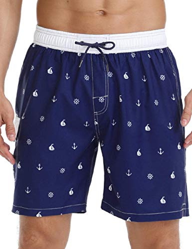 Nonwe Mens Swim Trunks Ship Pattern Soft Relaxed Fit Quick Dry Drawstring Board Shorts Blue 28