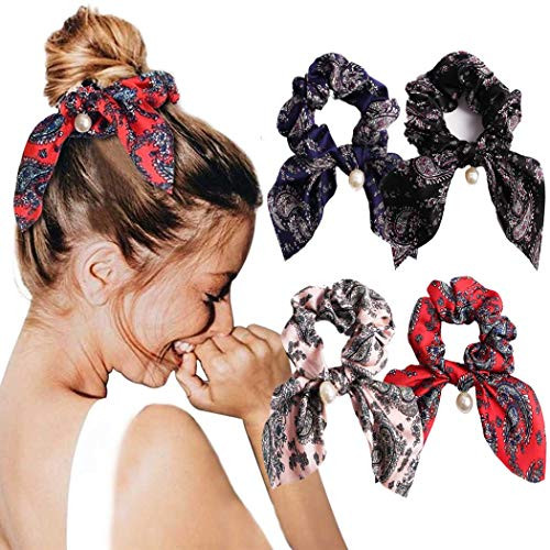 Chennie Bowknot Pearl Silk Hair Scrunchies Chiffon Scarf Scrunchies Bunny Bow Ties Headbands Elastic Ropes Hair Accessories Vintage Flower Ponytail Holder Scrunchy Rabbit Ears Ties For Women And Girl 4PCS Floral