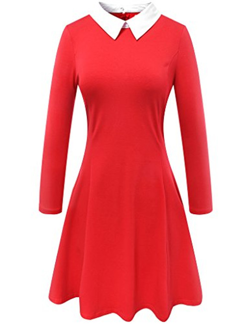 Aphratti Womens Long Sleeve Casual Peter Pan Collar Flare Dress Red Medium Aphratti Womens Long Sleeve Casual Peter Pan Collar Flare Dress Red Medium