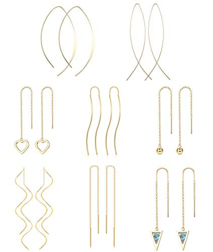 Jstyle 8Pairs Stainless Steel Curved Threader Earrings for Women Drop Dangle Tassel Chain Earrings Set Lightweight Gold Tone