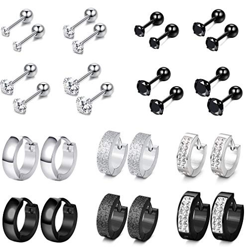Jstyle 12Pairs Stainless Steel CZ Stud Earrings for Mens Women Hoop Huggie Earrings Ear Cartilage Tragus Helix Piercing Earrings