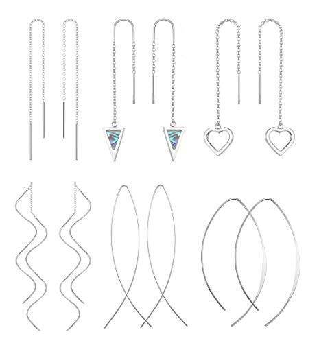 Jstyle 6Pairs Stainless Steel Threader Earrings for Women Turquoise Heart Drop Dangle Chain Tassel Threader Earrings A 6Pairs Silver Tone