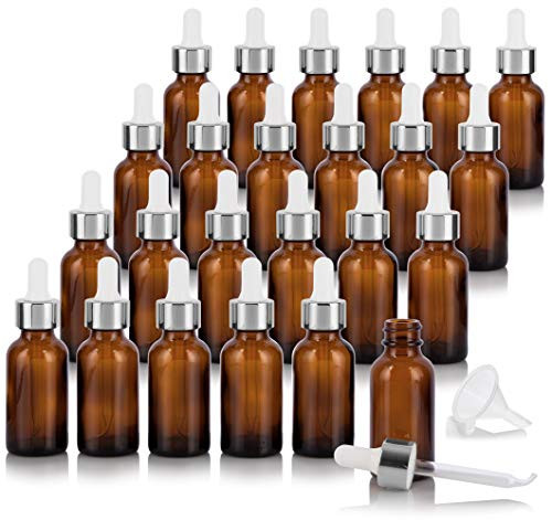 1 oz  30 ml Amber Glass Boston Round Bottle with Silver Metal and Glass Dropper 24 pack  Funnel