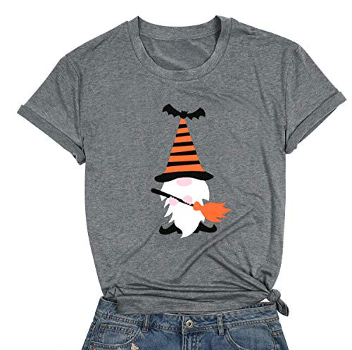 Halloween Shirts for Women Cute Gnomes Broom Graphic TShirt Casual Short Sleeve Tee Funny Witches Top Gray