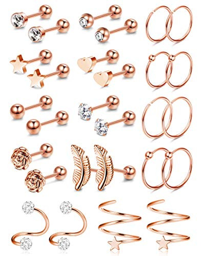 CASSIECA 14 Pairs Stainless Steel Cartilage Cubic Zirconia Inlaid Helix Hoop Stud Earrings Tragus Barbell Piercing Jewelry for Men Women