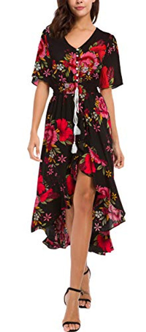 Kormei Women Short Sleeve V Neck Floral High Low Flowy Summer Party Long Maxi Dress L ButtonsBlackRed Kormei Women Short Sleeve V Neck Floral High Low Flowy Summer Party Long Maxi Dress L ButtonsBlackRed