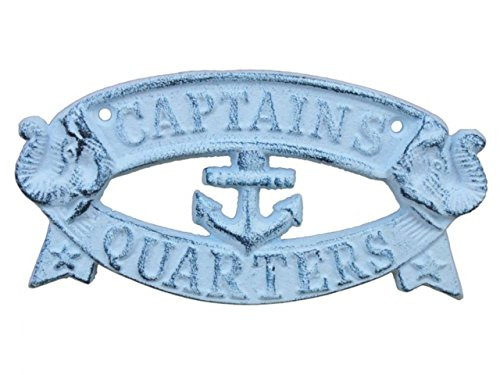 Hampton Nautical K49005darkblue Rustic Dark Blue Whitewashed Cast Iron Captains Quarters Sign 9 Nautical Home Decoration