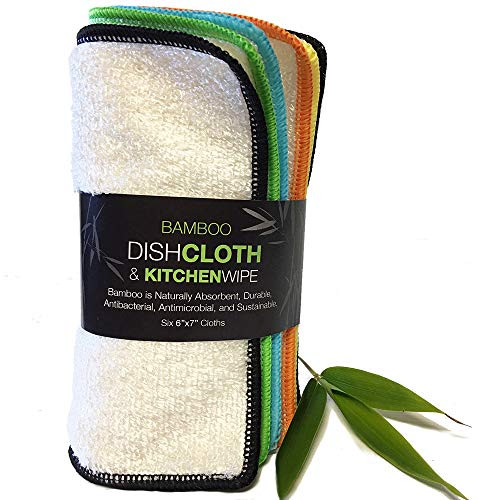 Whiff Bamboo Dish Cloth & Kitchen Wipe, Replace Your Sponge with 6 Naturally Odor Free, Washable, Absorbent, Sustainable, Durable, Bamboo Antibacterial - Antimicrobial Dish Cloths