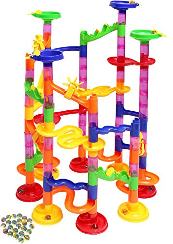 Kiddie Play Marble Run Set for Kids (75 Translucent Marbulous Pieces + 30 Glass Marbles)