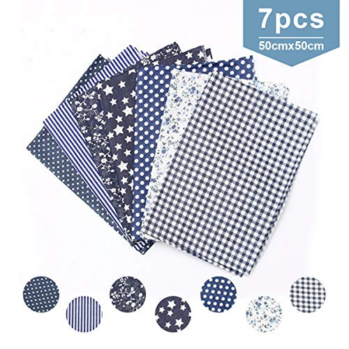 Cotton Craft Fabric Bundle Patchwork KINGSO 7pcs 50X50cm Squares Quilting Sewing Patchwork Different Pattern Cloths DIY Scrapbooking Artcraft Fabric Navy Blue