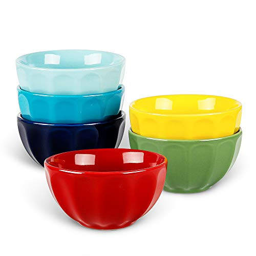 KitchenTour Porcelain Fluted Colorful Bowls Set  10 Ounces Serving Bowls for Ceral Salad Rice Soup  Set of 6