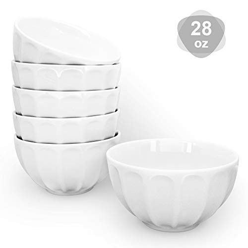 KitchenTour Porcelain Fluted Bowls Set  28 Ounces Serving Bowls for Ceral Salad Rice Soup  Set of 6