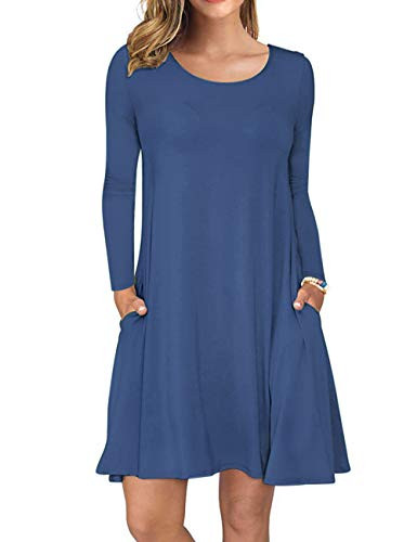 AUSELILY Womens Long Sleeve Pockets Casual Swing TShirt Dresses M Beja Blue