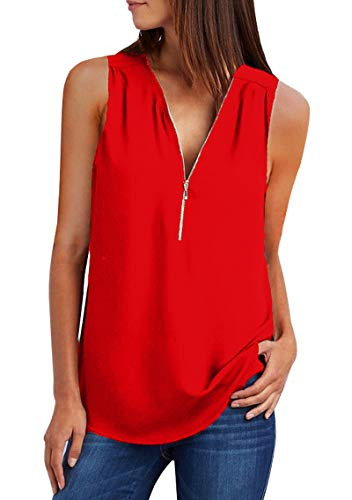 YMING Womens Womens Chiffon Blouse V Neck Casual Shirt Red S