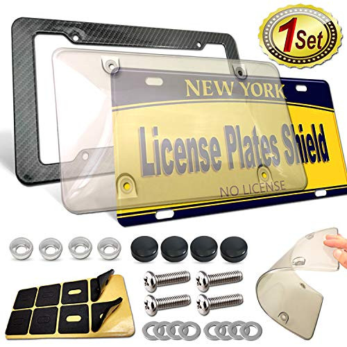 ZXFOOG License Plate Frame Cover Kit Carbon Fiber Plate Holder Plastic Bubble Clear Novelty Plate Cover Unbreakable Shield to Protect Car Tag Stainless Steel Screws Caps Rattle Proof Pad