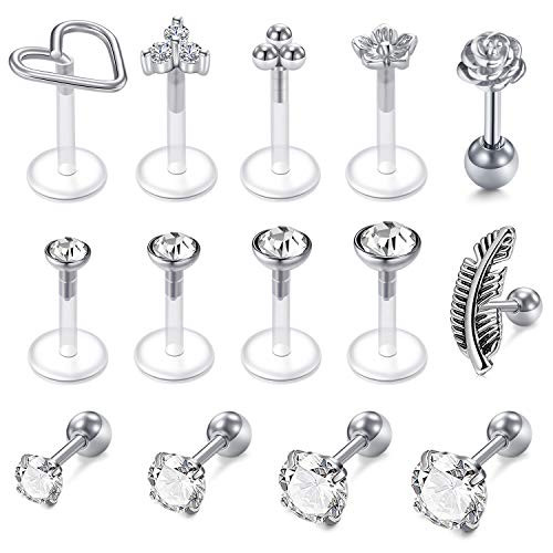 LAURITAMI Stainless Steel Barbell Earrings 16G Tragus Earring Studs Feather Ear Helix Cartilage Tragus Stud Conch Daith Piercing Jewelry Set