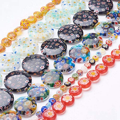 PH PandaHall 20 Strands Millefiori Lampwork Glass Beads Flat Round Spacer Bead for Jewelry Making 151~153
