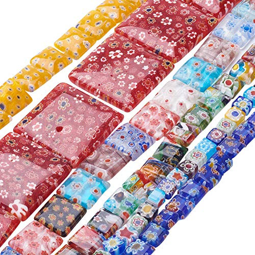 PH PandaHall 20 Strands Millefiori Lampwork Glass Beads Square Spacer Bead for Jewelry Making 155~173