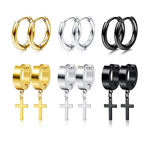 SAILIMUE 6 Pairs Cross Dangle Earrings for Men Women Hinged Hoop Earrings Stainless Steel Cross Hoop Earrings Black Silver Gold Plated Earrings