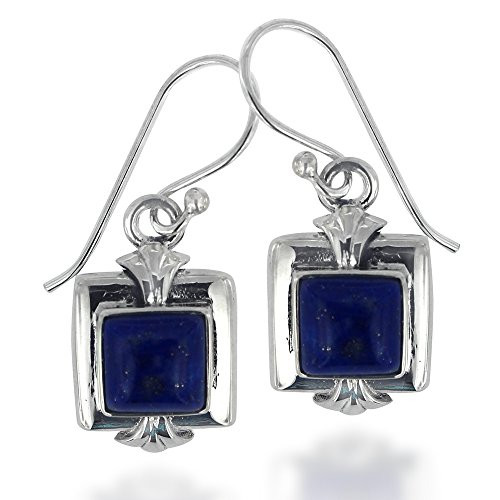 925 Oxidized Sterling Silver Blue Lapis Lazuli Gemstone Square Simple Statement Dangle Earrings 925 Oxidized Sterling Silver Blue Lapis Lazuli Gemstone Square Simple Statement Dangle Earrings