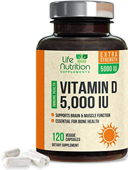 Vitamin D  Extra Strength Vitamin D3 5000 IU  125mcg Made in USA Bone Supplement Pills for Teeth Heart  Immune Support for Men  Women  NonGMO  120 Capsules
