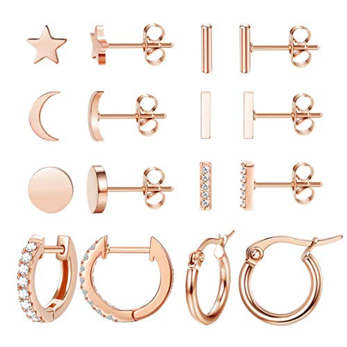 LOLIAS 8 Pairs Stainless Steel Star Moon Stud Earrings for Women Cute Bar CZ Rose Gold Stud Hoop Earring Set