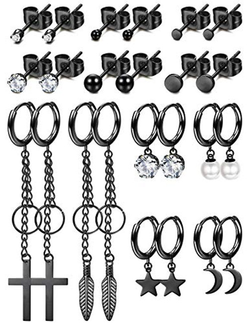 LOYALLOOK 12Pairs Moon Star Hoop Dangle Earrings Stainless Steel Dangle Hinged Hoop Earrings Men Women Tiny Stud Earrings Huggie Jewelry Set