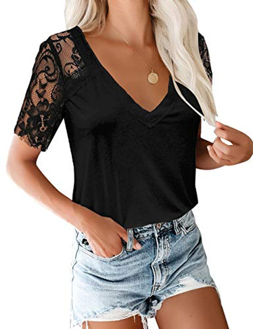 luvamia Womens Casual V Neck Lace Tops Short Sleeve Summer T Shirts Blouses Black Size Large luvamia Womens Casual V Neck Lace Tops Short Sleeve Summer T Shirts Blouses Black Size Large