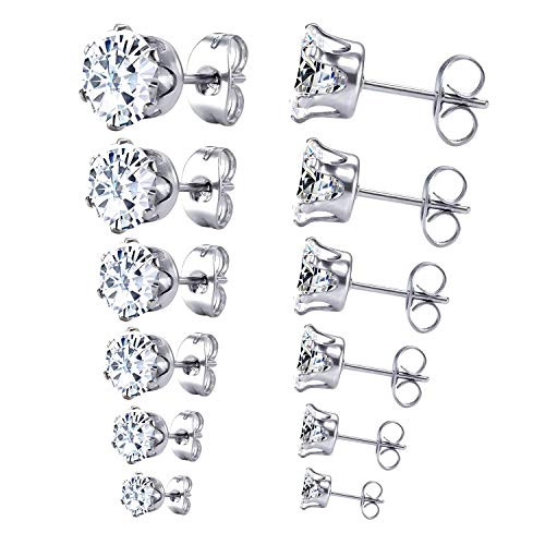 LUXU kisskids 6 Pairs 316L Sugical Stainless Steel Cubic Zircon Piercing Stud Earrings for Women Girls