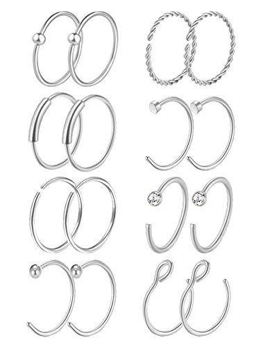Masedy 16Pcs 20G 316L Stainless Steel Nose Rings Hoop Tragus Cartilage Helix Ring Lip Septum Piercing Silver 10MM