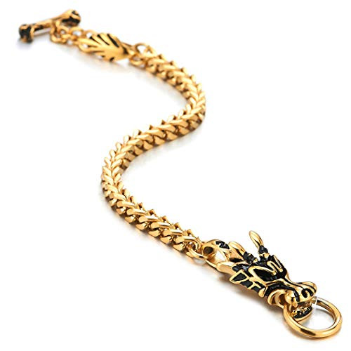COOLSTEELANDBEYOND Mens Biker Gold Stainless Steel Dragon Curb Chain Bracelet Toggle Clasp Gothic Style COOLSTEELANDBEYOND Mens Biker Gold Stainless Steel Dragon Curb Chain Bracelet Toggle Clasp Gothic Style