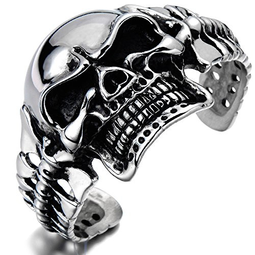 COOLSTEELANDBEYOND Heavy and Study Mens Stainless Steel Biker Skull Cuff Bangle Bracelet Silver Black TwoTone Polished COOLSTEELANDBEYOND Heavy and Study Mens Stainless Steel Biker Skull Cuff Bangle Bracelet Silver Black TwoTone Polished