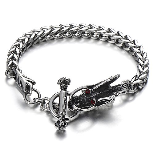 COOLSTEELANDBEYOND Gothic Biker Men Stainless Steel Dragon Curb Chain Bracelet Red Cubic Zirconia Toggle Clasp COOLSTEELANDBEYOND Gothic Biker Men Stainless Steel Dragon Curb Chain Bracelet Red Cubic Zirconia Toggle Clasp