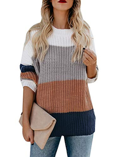 MEROKEETY Womens Crew Neck Long Sleeve Color Block Knit Sweater Casual Pullover Jumper Tops Brown