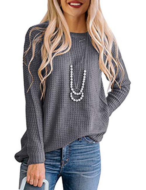 MEROKEETY Womens Long Sleeve Waffle Knit Sweater Crew Neck Solid Color Pullover Jumper Tops Grey