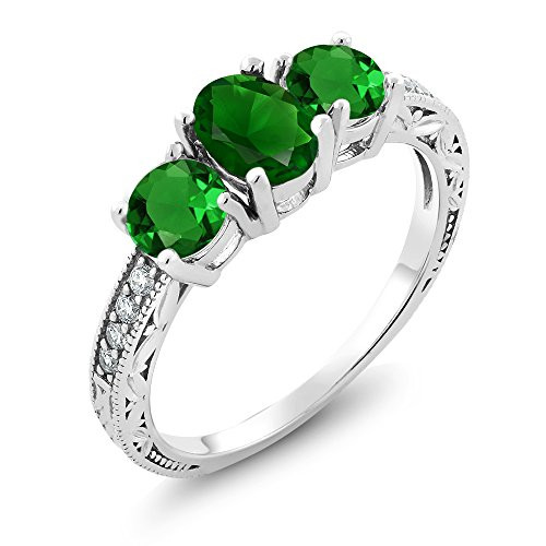 Gem Stone King Green Simulated Emerald 925 Sterling Silver Womens 3Stone Ring 240 Ct Oval Size 7