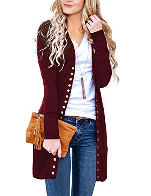 MEROKEETY Womens Long Sleeve Snap Button Down Solid Color Knit Ribbed Neckline Cardigans Wine