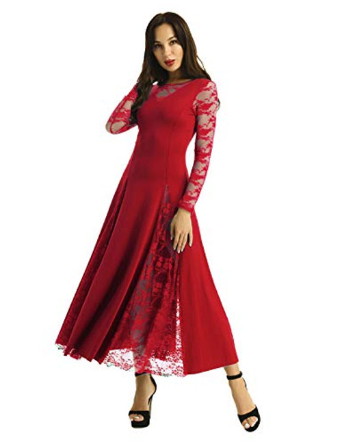 MSemis Womens Ballroom Dance Dress Lace Long Sleeve Swing Skirt Modern Waltz Tango Latin Practice Dress Red XXLarge