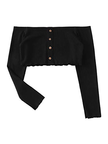 MakeMeChic Womens Solid Button Front Off Shoulder Tee Long Sleeve Ribbed Crop Top Black L