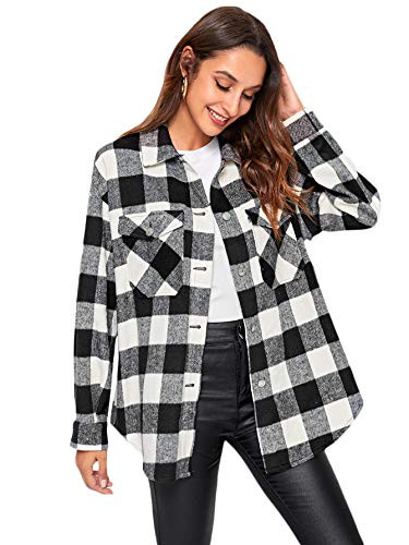 MakeMeChic Womens Plaid Print Flap Pocket Button Front Long Sleeve Blouse Coat Multi6 XL