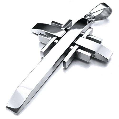 INBLUE Mens Stainless Steel Pendant Necklace Silver Tone Cross with 23 Inch Chain