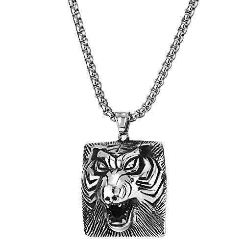 COOLSTEELANDBEYOND Mens Steel Vintage Roaring Tiger Head Square Pendant Necklace 30 inches Wheat Chain Punk Rock